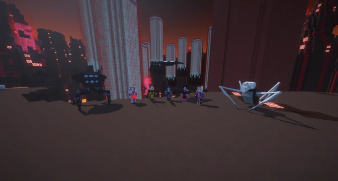 An in-game screenshot in the Volcano replika with the 5 xanafied Lyoko warriors and black monster variants of the Krab, Manta and Tarentula.