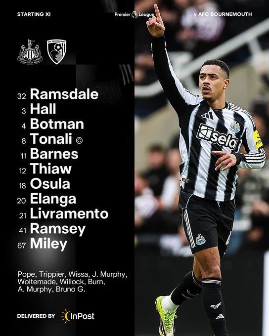 Newcastle United v Bournemouth: Ramsdale, Hall, Botman, Tonali, Barnes, Thiaw, Osula, Elanga, Livramento, Ramsey, Miley