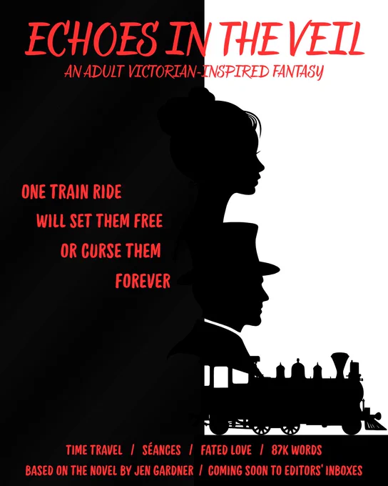 Victorian profile pictures of a woman and a man with a train below set against a black and white background.