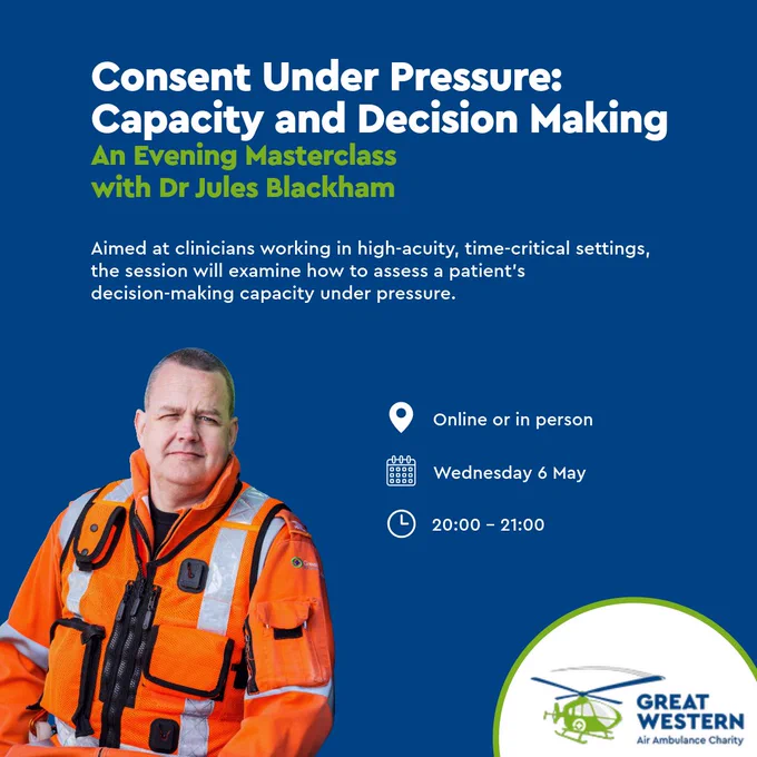 Consent Under Pressure: Capacity and Decision Making
An evening masterclass with Dr Jules Blackham

Aimed at clinicians working in high-acuity, time-critical settings, the session will examine how to assess a patient’s decision-making capacity under pressure.

Online or in person
Wednesday 6 May
20:00 - 21:00