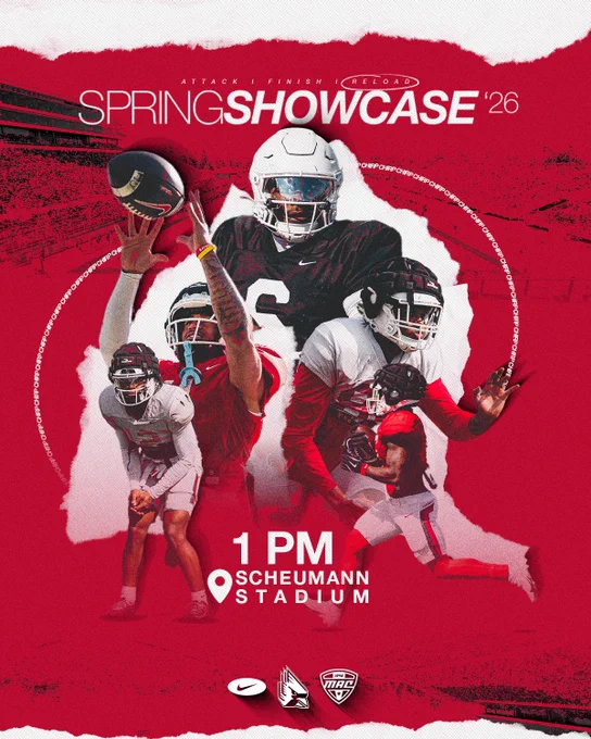 Ball State Football graphic depicts five generic football players in red and white uniforms, running, catching and throwing.

SPRING SHOWCASE TODAY! 1:00 p.m. at Scheumann Stadium

DETAILS: BallStateSports.com/FBPreview

****
Additional logos are white versions of Nike, Ball State Athletics and the Mid-American Conference. Ball State athletics is sponsored by Nike and Ball State football is a proud member of the Mid-American Conference.