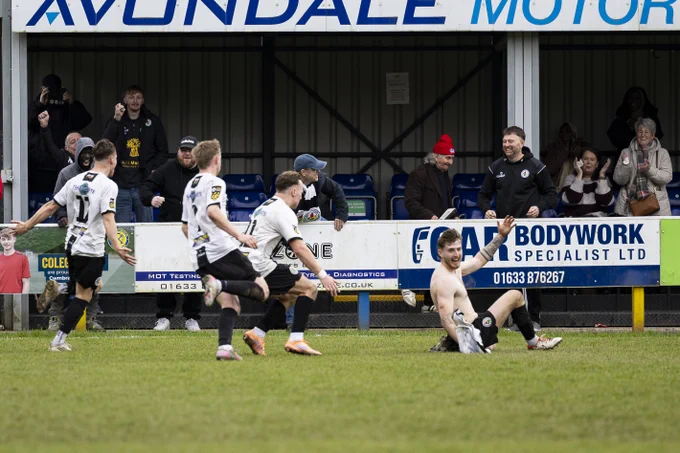 Matt Delaney celebrates scoring for Ammanford against Cwmbran Celtic. 