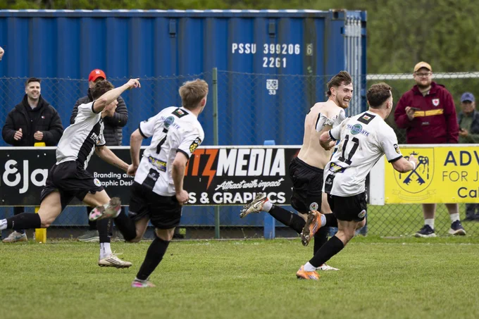Matt Delaney celebrates scoring for Ammanford against Cwmbran Celtic. 