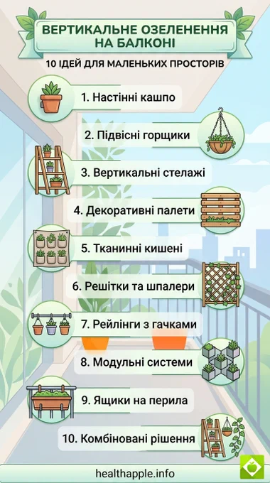 "Інфографіка 'Вертикальне озеленення на балконі: 10 ідей для маленьких просторів'. Зображено 10 способів вертикального садування: 1) настінні кашпо, 2) підвісні горщики, 3) вертикальні стелажі, 4) декоративні палети, 5) тканинні кишені, 6) решітки та шпалери, 7) рейлінги з гачками, 8) модульні системи, 9) ящики на перила, 10) комбіновані рішення. Кожен пункт проілюстрований відповідною іконкою з рослинами."

