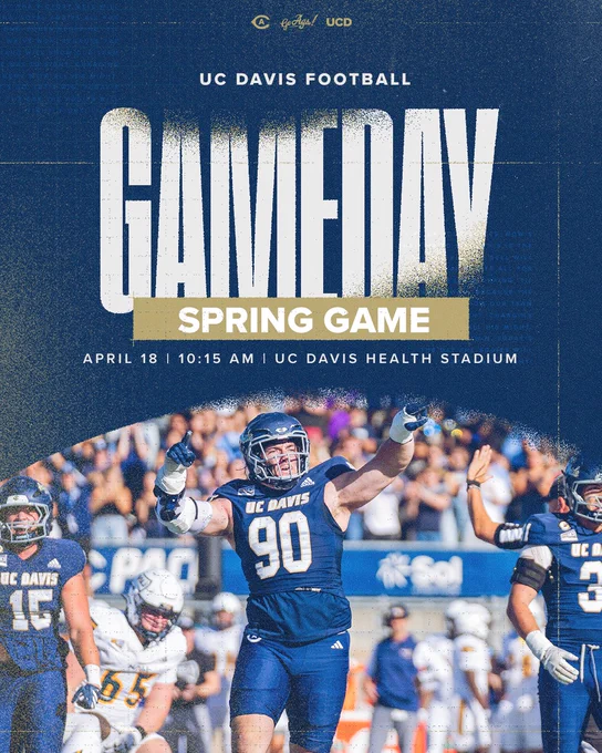 Image Description: Blue graphic with white text. Photo of UC Davis student athlete at bottom.
