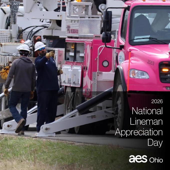 2 linemen work next to an AES Ohio pink bucket truck. Message reads "2026 National Lineman Appreciation Day" with the AES Ohio logo. 