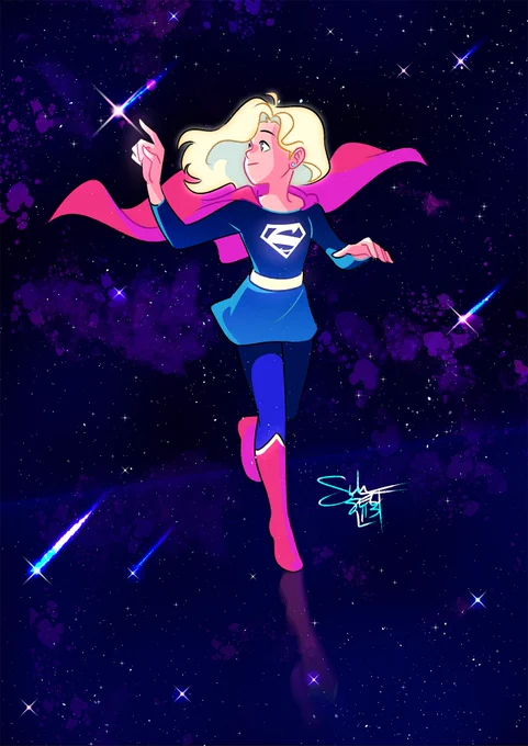 Illustration of Supergirl walking across a starscape, reaching out to touch a nearby falling star