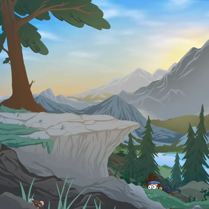 An illustrated image of a mountain scene. In the foreground, someone's eyes are popping up over some grass.
