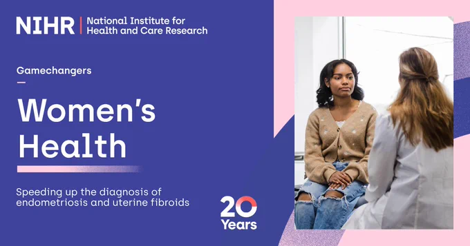 Alt text: A promotional image from NIHR featuring the text "Gamechangers Women's Health: Speeding up the diagnosis of endometriosis and uterine fibroids." The background is purple, with a logo for NIHR and "20 Years" highlighted. On the right, a woman in a cardigan and jeans sits in a medical setting, facing another woman in a white coat, suggesting a consultation.
