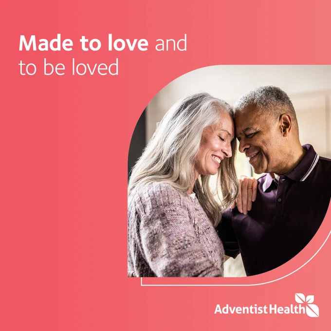A smiling older couple with affectionately touching foreheads, set against a red background. The text reads "Made to love and to be loved." The Adventist Health logo is at the bottom right.