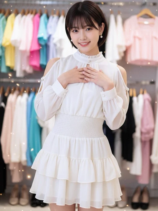 たくさんの服の前で笑顔で感謝の気持ちを伝えるショートカット女子