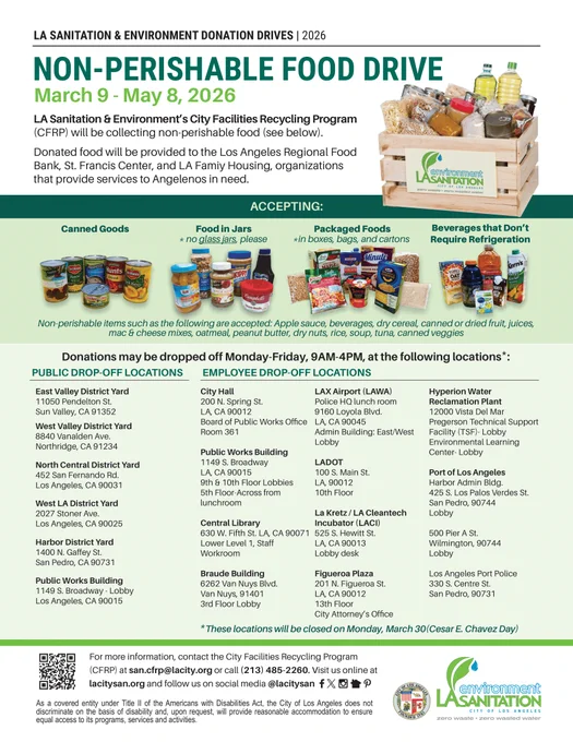 Flyer for the LA Sanitation & Environment 2026 Non-Perishable Food Drive, running March 9 to May 8, featuring photos of donated goods and a comprehensive list of public and employee drop-off locations across Los Angeles.