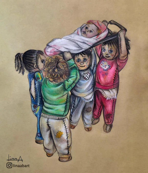 Artwork by Lina Abojaradeh @linaabart on #Threads based on a video of children play-acting a child's funeral in Gaza.