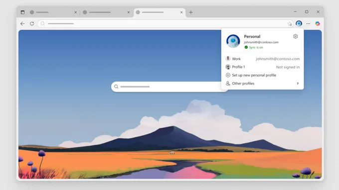 A graphic of a Microsoft Edge window with the profiles drop-down expanded.
