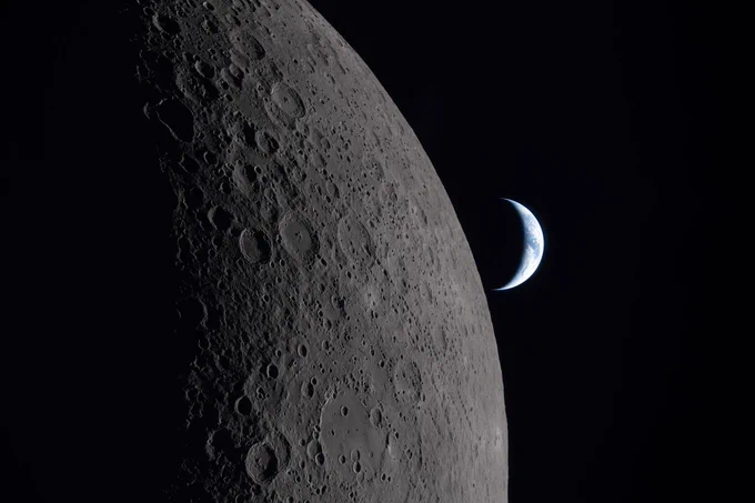 (April 6, 2026) – As the Artemis II crew came close to passing behind the Moon and experiencing a planned loss of signal, they captured this image of a crescent Earth. Seen from afar, it almost looks like a circular arc – except when backlit, as in other images captured by the Artemis II crew. Earth is in a crescent phase, with sunlight coming from the right. The dark portion of Earth is experiencing nighttime. On Earth’s day side, swirling clouds are visible over muted blue in the Australia and Oceania region.