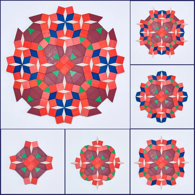 The top left main image shows a square-like geometric design created with pattern blocks. At the center is a flower-like arrangement made by placing four green triangles, sixteen red trapezoids, and four tan rhombuses around four central orange squares. Around its center are arrangements made of four blue and four tan rhombuses surrounded by eight orange squares. The images along the bottom and on the right show the progression of the design.