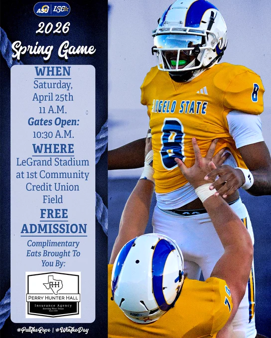 2026 Angelo State spring game taking place on Saturday, April 25th at 11 a.m. at LeGrand Stadium at 1st Community Credit Union Field.