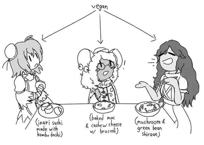 🐁 Kasen Ibaraki, Bakumi Hannaka (OC), and Byakuren Hijiri from Touhou Project all sit at a table and yap over lunch. They're all vegan.

Kasen's food: Inari sushi made with kombu dashi.
Bakumi's food: Baked mac & cashew cheese with broccoli.
Byakuren's food: Mushroom & green bean shiraae.