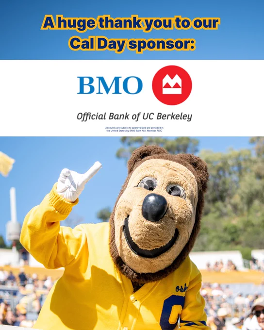 An image of Oski the bear mascot pointing up to a graphic that states "A huge thank you to our Cal Day sponsor: BMO Official Bank of UC Berkeley"