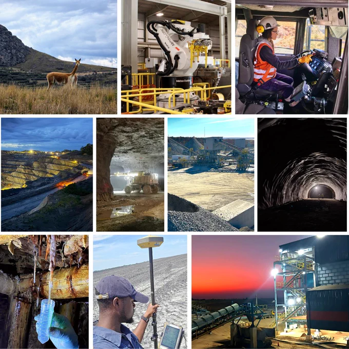 A collage of images depicting various aspects of mining. Top left shows a landscape with a vicuna. Top middle features a robotic machine in an industrial setting. Top right shows a person operating machinery, wearing safety gear. The middle row includes an open-pit mine, a subterranean mine with equipment, an aggregate site, and a view inside a tunnel. The bottom row shows a hand holding a sample, a person with surveying equipment, and an illuminated mining site at sunset.
