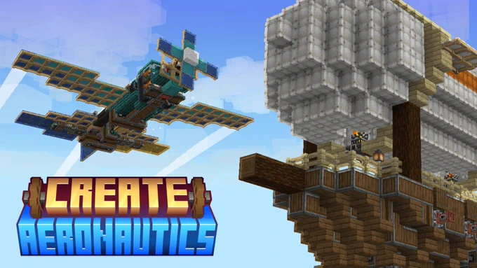 A wooden airplane and a blimp made of Minecraft blocks fly through a blue sky. A title card reads "Create Aeronautics."