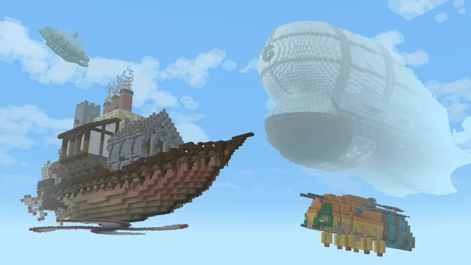 Several airborne machines made of Minecraft blocks fly through a blue, cloudy sky.