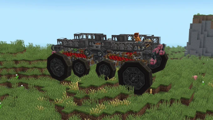 An 8-wheeled vehicle drives through Minecraft terrain.