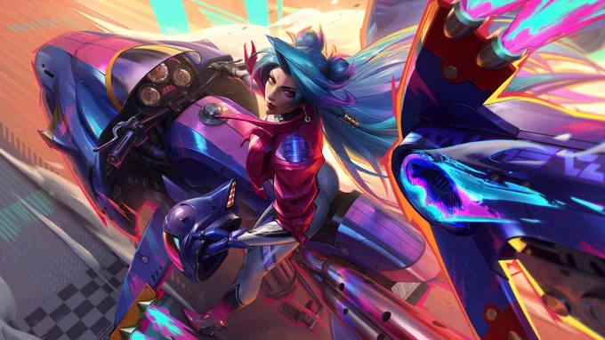 Neon Daredevil Kai’Sa, donning electric blue hair and her pink racing jacket, sits astride her racing bike, ready to take off.