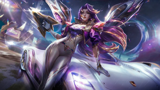 Prestige Select Neon Daredevil Kai’Sa, donning her race suit and shiny crystal wings, leans on her racing car under the shining lights of Lido, getting ready to start at the Grand Prix.