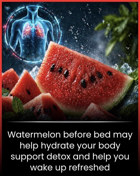 *Night Snack Secret: Watermelon Before Bed?**

A few bites of watermelon before sleep might do more than you think. With over 90% water, it can help hydrate your body overnight and support natural detox while you rest. Some people even wake up feeling more refreshed.

But there’s a catch… too much can lead to nighttime bathroom trips and disturb your sleep.

So is it a simple health trick? Maybe. Just keep it light and balanced.

**Source 
U.S. Department of Agriculture. FoodData Central.
Cleveland Clinic. Hydration and Nutrition Guidelines.