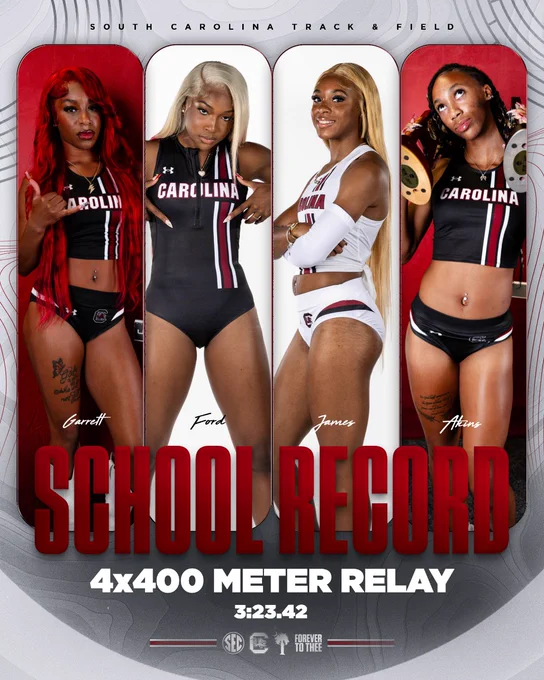 New school record graphic for the women's 4x400 meter relay with Akala Garrett, JaMeesia Ford, Cynteria James and Zaya Akins.
