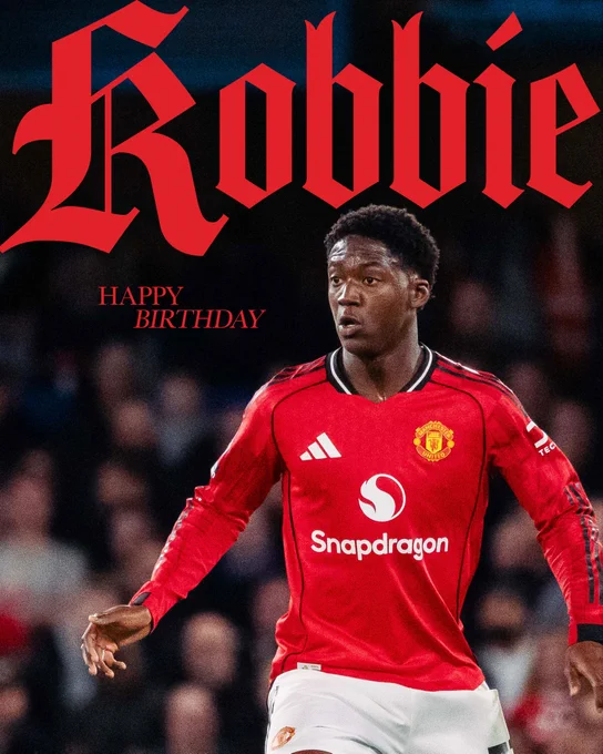 Kobbie Mainoo in red jersey with 'Snapdragon' sponsor, celebrating his 21st birthday.