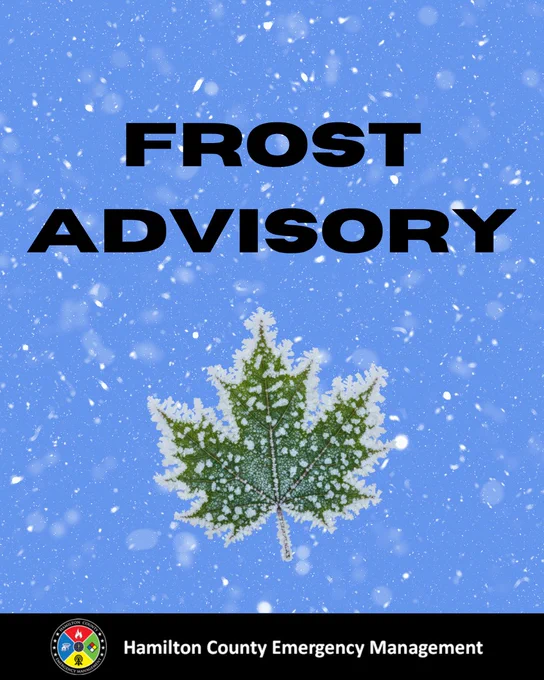 Blue background with a leaf sprinkled with frost. The infographic states Frost Advisory.