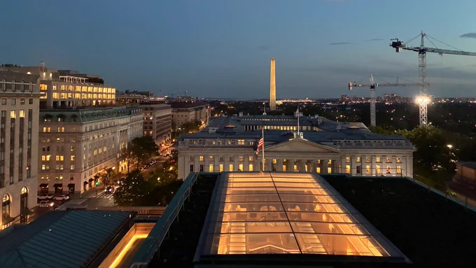 View of the US Treasury building from Ned’s Club, where a local advocate for natural sleep health invited me for networking.