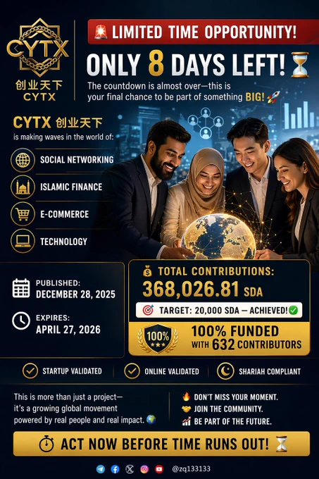 🚀 Final Call—Only 8 Days Left!
A powerful and eye-catching poster showcasing CYTX 创业天下 as a fully funded global movement. Featuring a diverse group of people united by innovation, the design highlights key sectors like social networking, Islamic finance, e-commerce, and technology.
With 100% funding achieved and strong community support, this image captures urgency, success, and opportunity—inviting everyone to join before time runs out. ⏳🔥