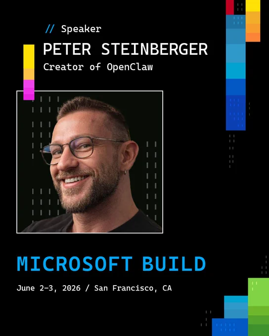 Speaker graphic featuring Peter Steinberger, creator of OpenClaw, for Microsoft Build 2026 in San Francisco.