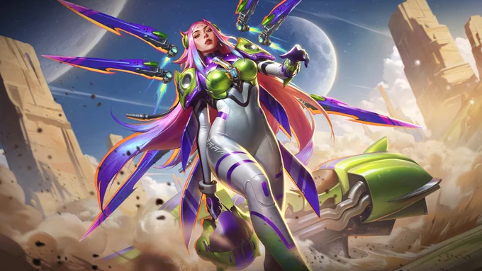 Neon Daredevil Irelia struts along in her green and purple racing suit, leaving behind her a sand cloud.