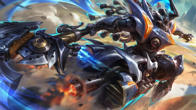Neon Daredevil Hecarim is mid-race, storming through the deserts of Lido on his built-in hell-bike.