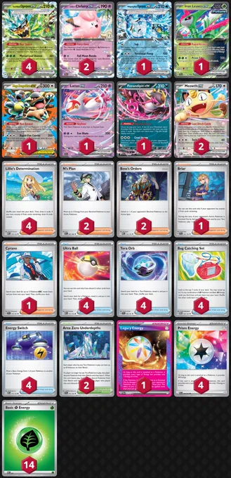 Pokémon: 13
4 Teal Mask Ogerpon ex TWM 25
2 Lillie's Clefairy ex JTG 56
1 Wellspring Mask Ogerpon ex TWM 64
1 Iron Leaves ex TEF 25
1 Mega Kangaskhan ex MEG 104
1 Latias ex SSP 76
1 Fezandipiti ex ASC 142
2 Meowth ex POR 62

Trainer: 28
4 Lillie's Determination MEG 119
2 N's Plan BLK 83
2 Boss's Orders MEG 114
1 Briar SCR 132
1 Cyrano SSP 170

4 Ultra Ball MEG 131
4 Tera Orb SSP 189
4 Bug Catching Set TWM 143
4 Energy Switch MEG 115

2 Area Zero Underdepths SCR 131

Energy: 19
1 Legacy Energy TWM 167
4 Prism Energy ASC 216
14 Grass Energy MEE 1