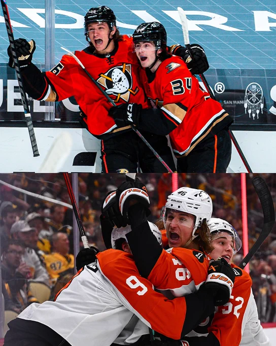 Top: Photo of Trevor Zegras and Jamie Drysdale celebrating on ice in Ducks uniforms\n\nBottom: Photo of Trevor Zegras and Jamie Drysdale celebrating on ice in Flyers uniforms