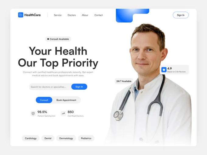 Modern Healthcare Website Design

A sleek and intuitive healthcare landing page UI crafted to deliver a seamless experience for users seeking medical support. The design emphasizes clarity, accessibility, and smooth navigation making it easy to search for doctors, explore specialties, and book appointments.

With a clean layout, soft colors, and strong visual hierarchy, this UI builds trust while enhancing usability.

AVAILABLE FOR NEW PROJECT
Feel free to mail me: efatuix@gmail.com
📞 Whatsapp:  8801409008486.  

#doctor #landingpage #medicalwebsite #web #websitedesign #efatuix #healthtech #health #healthcarewebsite #webdesign #healthcarewebsitedesign #doctorbookingplatform