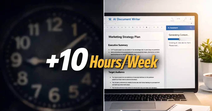 A minimalist digital workspace featuring a laptop screen that displays the FDM AI "Text-to-Document" interface. Next to the laptop is a bold graphic overlay that reads " 10 Hours Per Week Saved" and a "No Signup Required" badge, set against a clean, professional blue and white gradient background.
