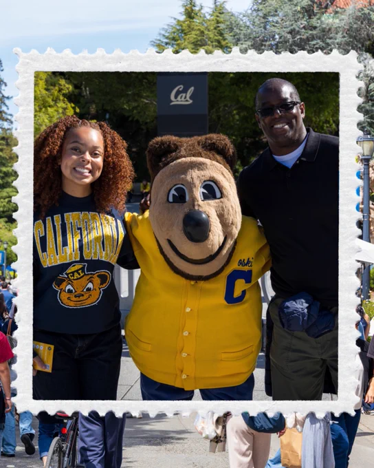 A framed photo of a student and their guardian posing with Oski the bear mascot.