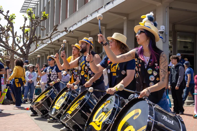 The Cal Marching band performing on Sproul Plaza.
