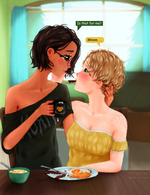 Karli (left)
"I didn't know what to call my feelings for Sara back then. Even now, I'm still kind of lost in all these new feelings; but I'm glad they told me, I'm glad they kissed me." 

Sara (right)
"Confessing to Karli has to be the best mistake I ever made; I don't have to hide the way I feel or distance myself anymore, I can just tell her 'I love you' every day."