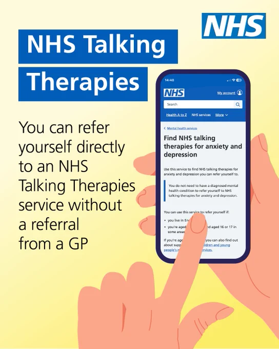 Illustration of a hand holding a mobile phone with the NHS Talking Therapies webpage shown on screen. Text reads: 'NHS Talking Therapies. You can refer yourself directly to an NHS Talking Therapies service without a referral from a GP.' The NHS logo is in the top right hand corner.