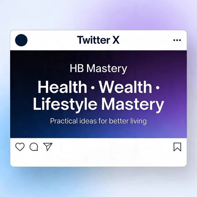 a clean, modern minimalist banner image for a personal brand called “HB Mastery”. Theme: health, wealth, and lifestyle improvement. Use a dark or soft gradient background with a premium feel. Include bold centered text: “Health • Wealth • Lifestyle Mastery”. Subtext: “Practical ideas for better living”