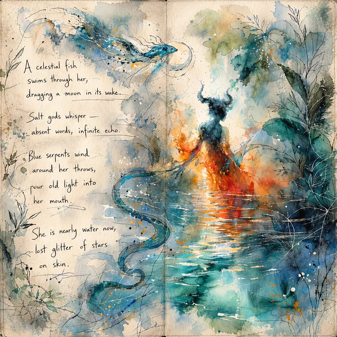 Surreal journal-style watercolour illustration of a horned figure rising from water, their body dissolving into teal and fiery orange washes. A flowing blue serpent coils through the scene while a celestial fish arcs across the page trailing a moon. Handwritten poem lines appear beside her, surrounded by loose botanical sketches and splattered ink on an aged paper background.