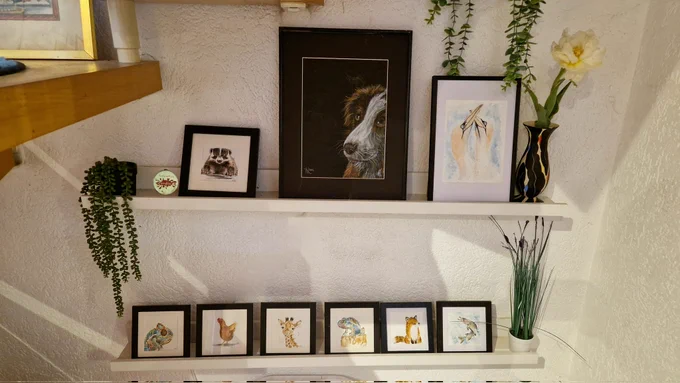 Auf zwei Borden aufgereiht sind 9 handgemalte Bilder, eins davon ein unverkäufliches Portrait meiner Hundedame , sowie kleine quadratische Bilder mit dem Motiv Dachs, Basstölpel, Hecht, Giraffe, Huhn, 2x Chamäleon und Fuchs 