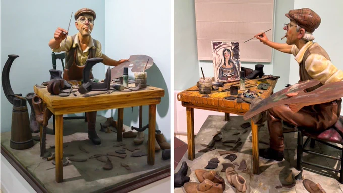 Zapatero mayor en taller, entre herramientas y piezas de zapatos, sostiene paleta y pincel pintando un retrato.